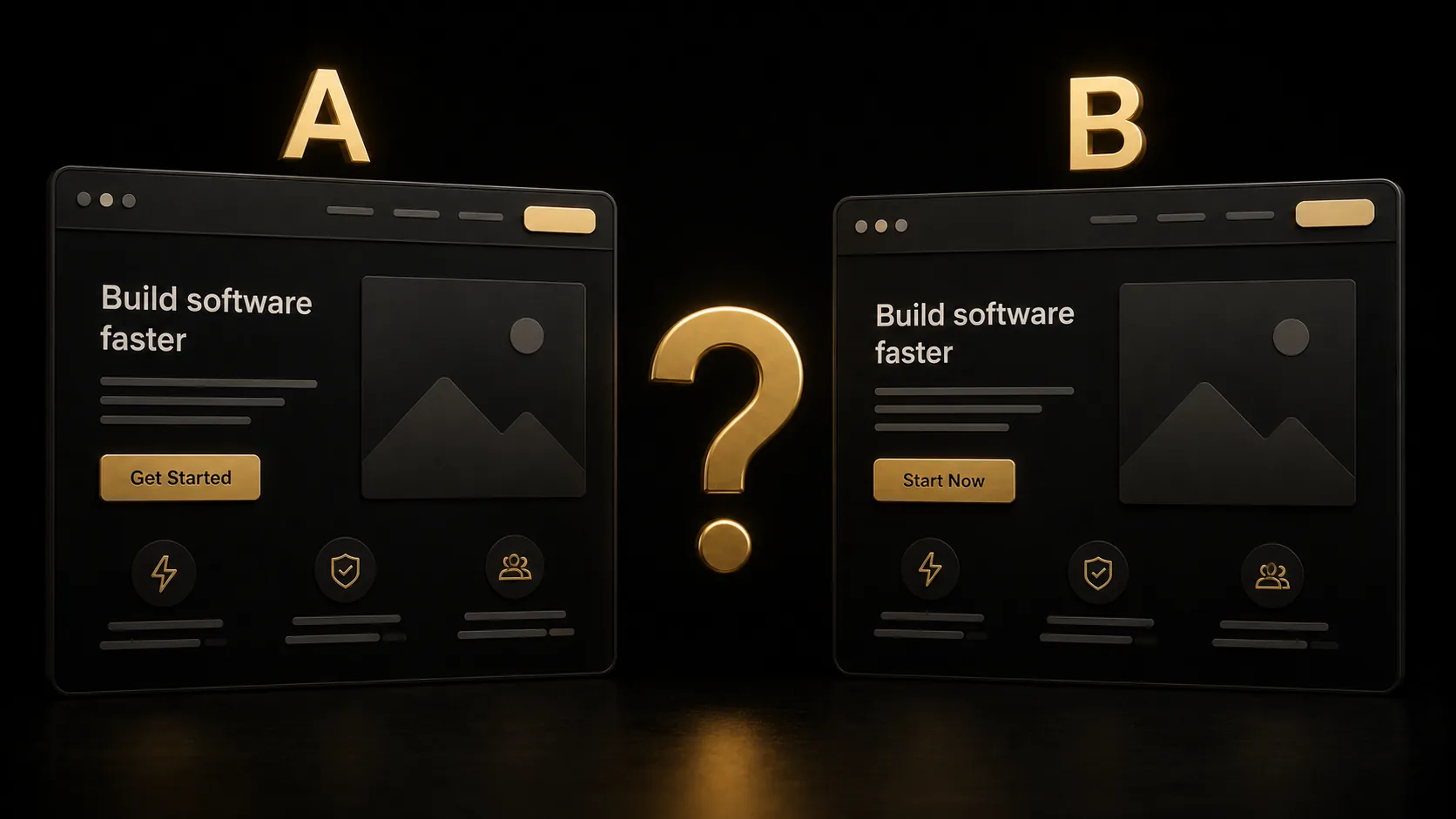 Two nearly identical webpage mockups side by side labeled A and B, with a large question mark between them