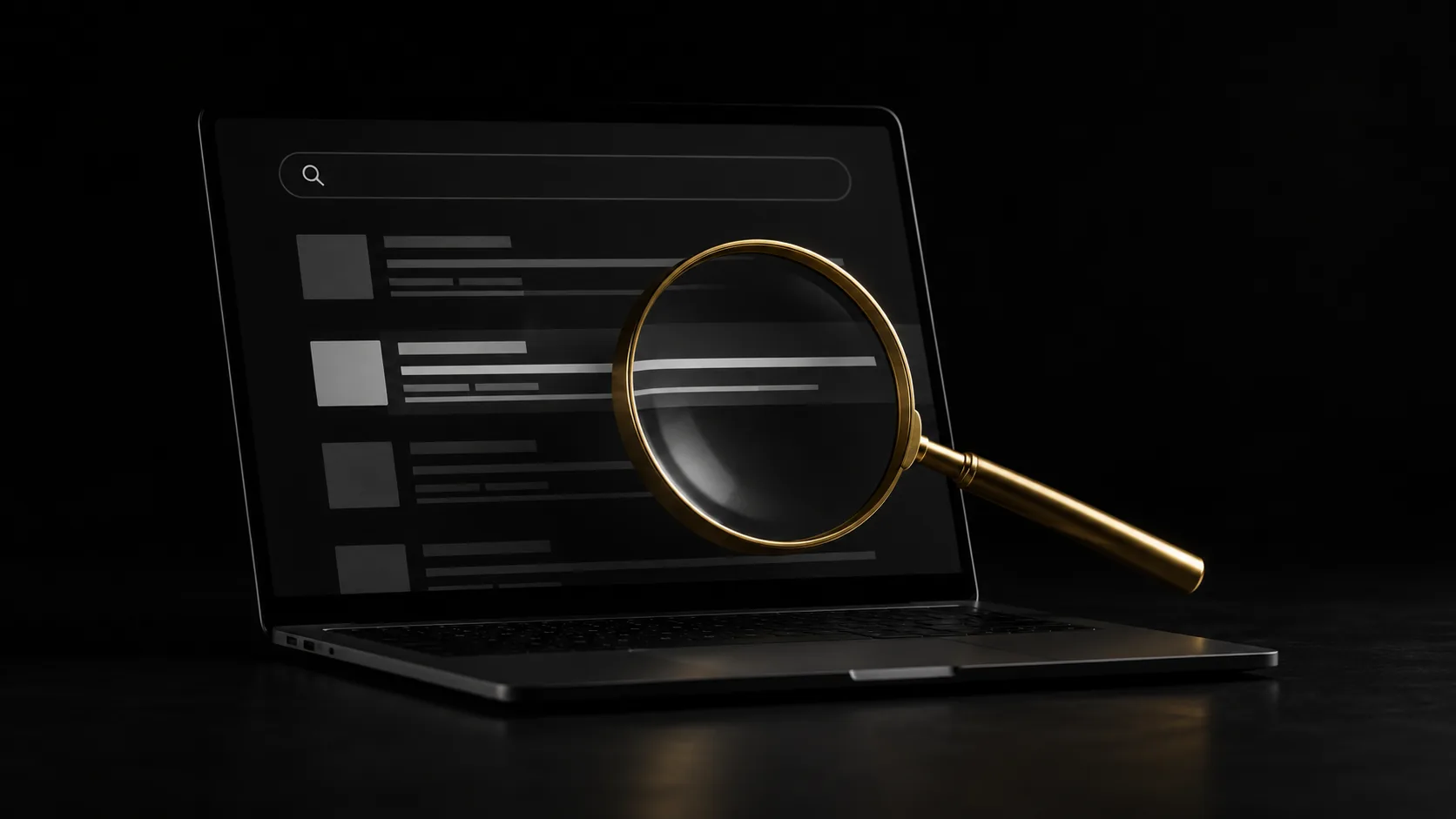 A search results page on a laptop screen with a magnifying glass