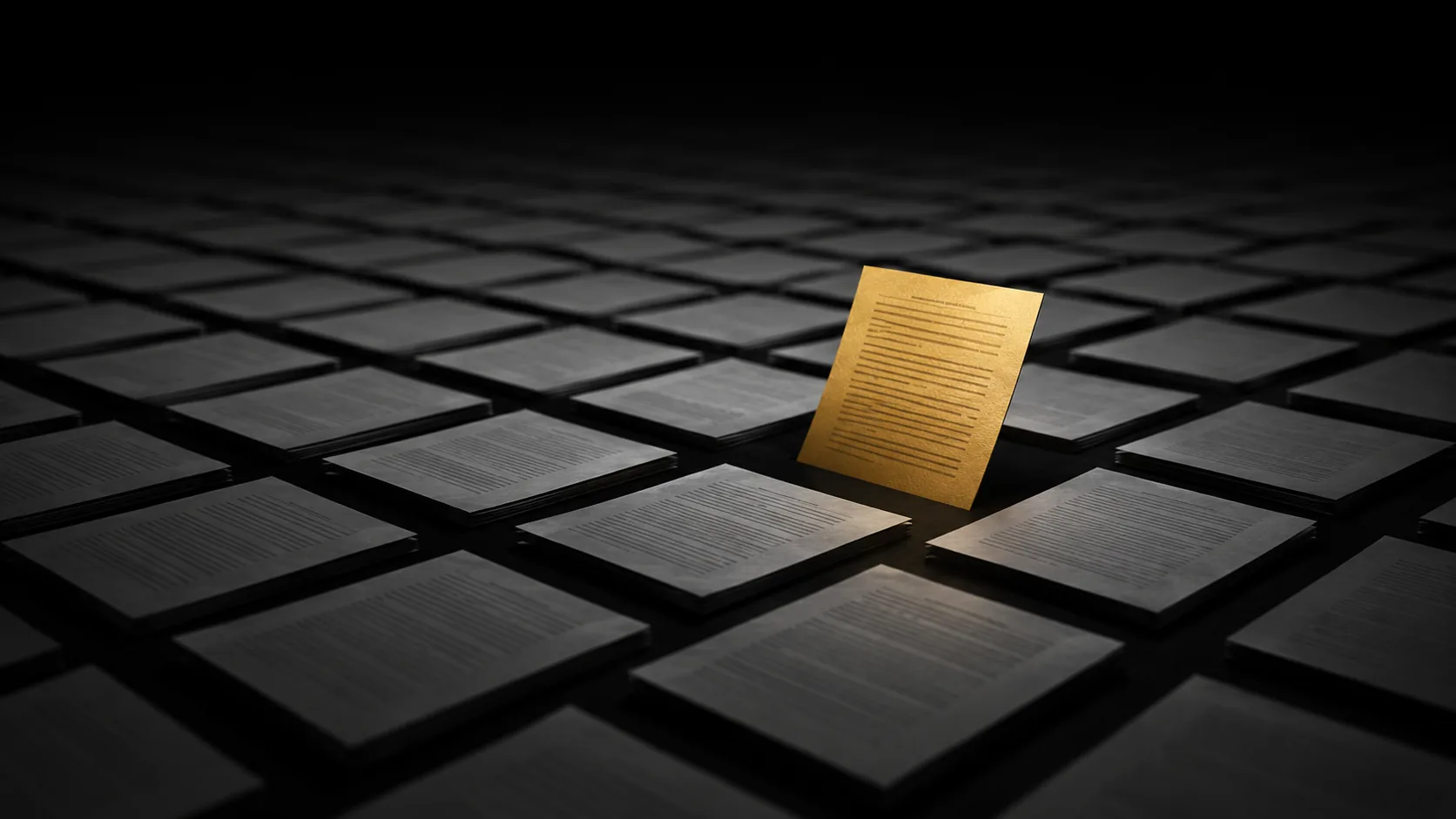 A flood of identical grey document pages with one page in gold standing out
