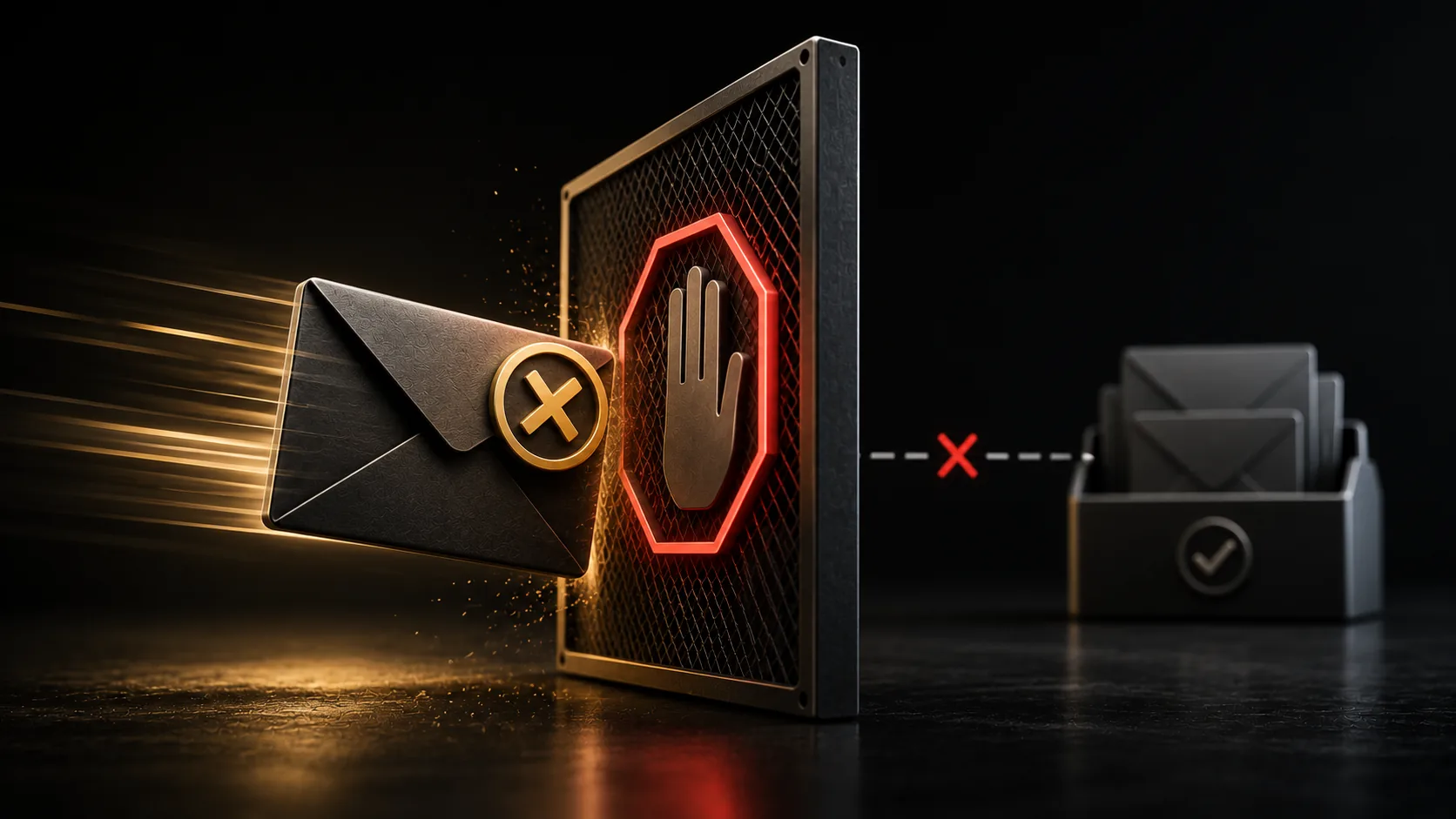 An email icon with a red X, blocked before reaching an inbox