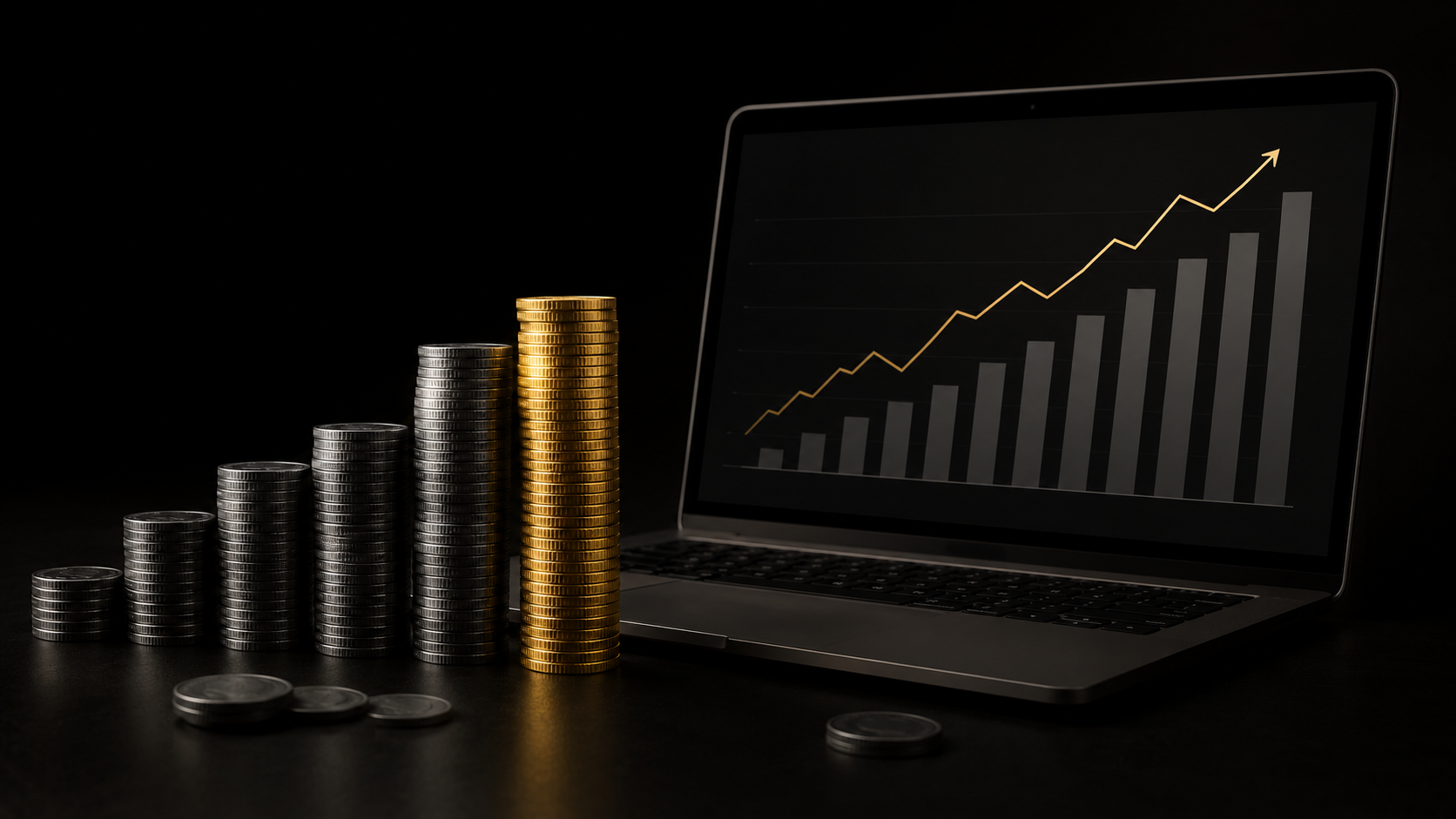 Stacks of coins beside a laptop showing rising pricing charts, representing copywriter rates in 2026