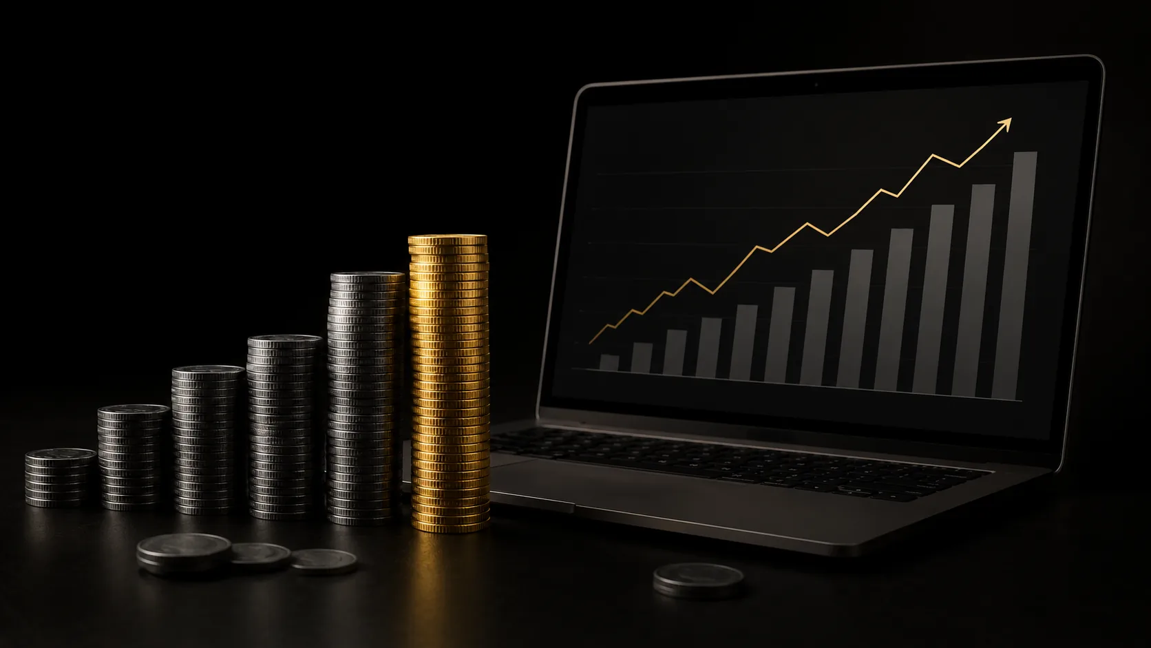 Stacks of coins beside a laptop showing rising pricing charts