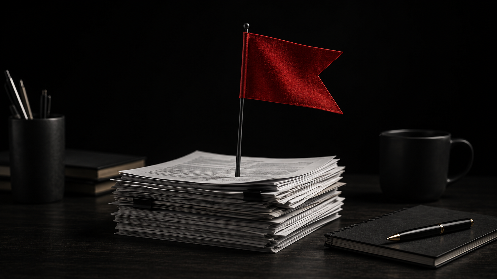 A red warning flag planted on top of a stack of documents on a desk