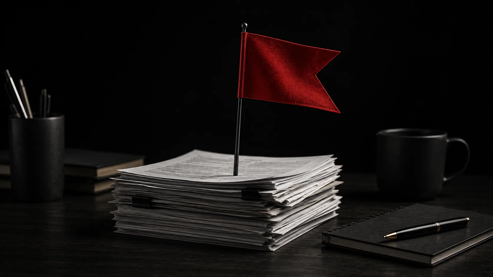A red warning flag planted on top of a stack of documents on a desk
