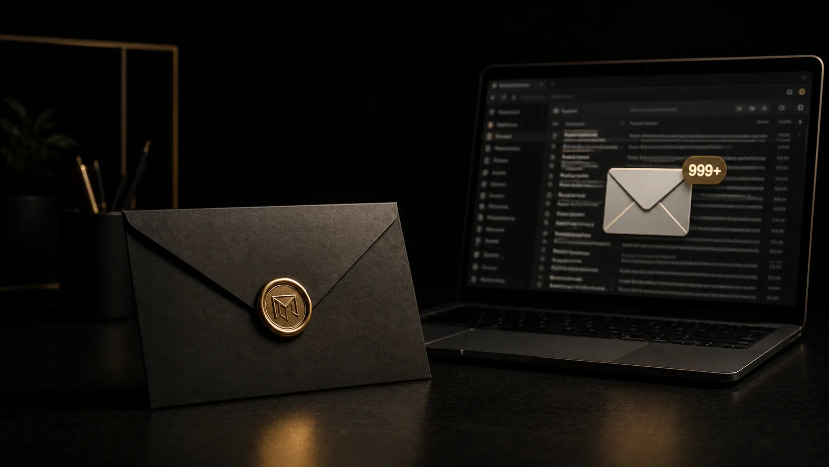A physical envelope sitting on a desk next to a laptop showing an overflowing email inbox