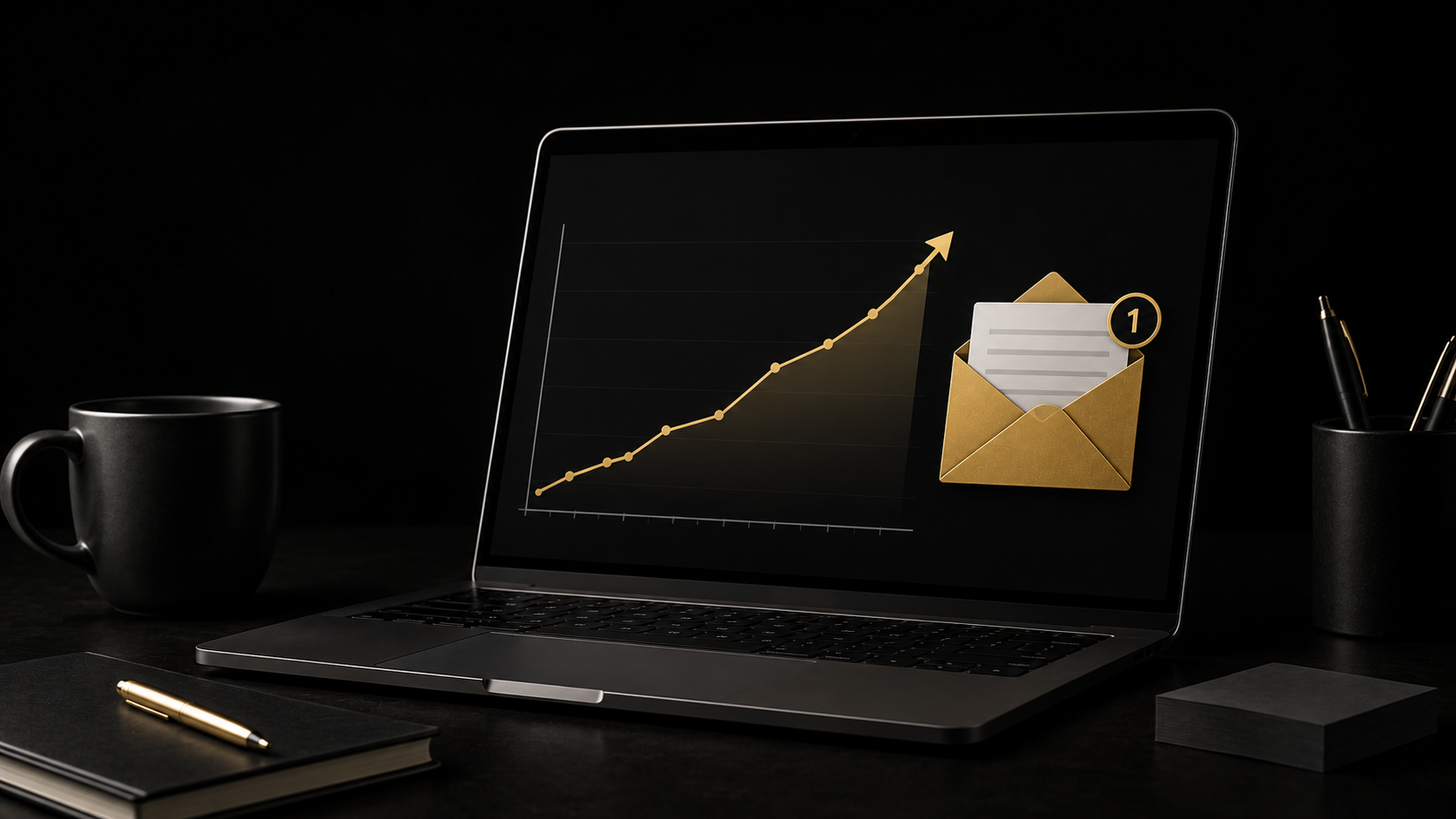 A simple line chart trending upward next to an email inbox icon on a laptop screen