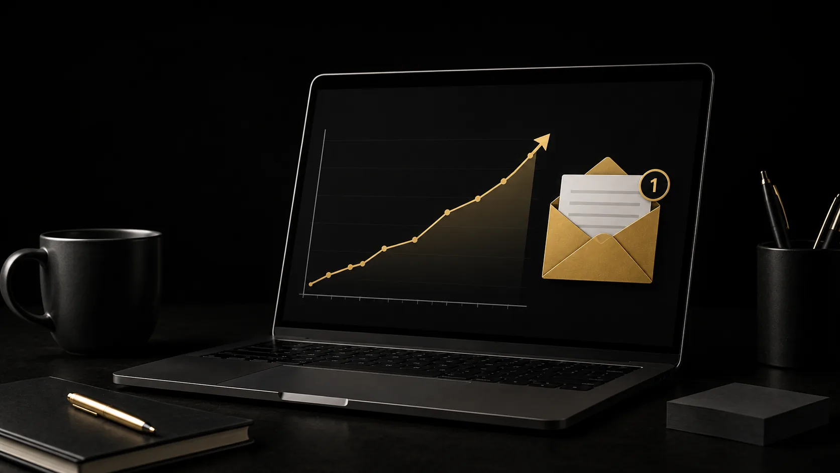A simple upward line chart next to an email inbox icon