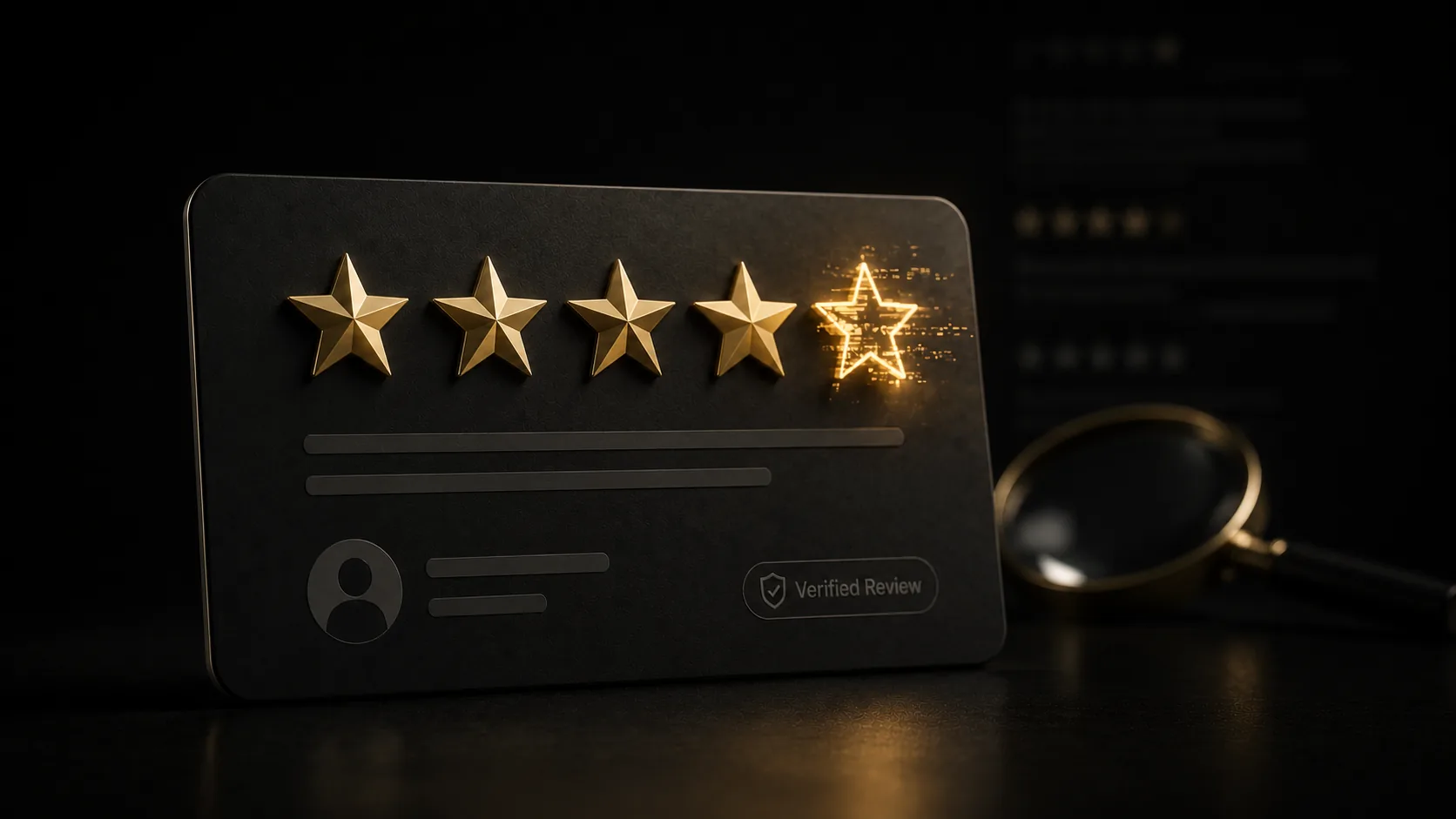 A five-star review card with one star subtly flickering, suggesting it isn't quite real