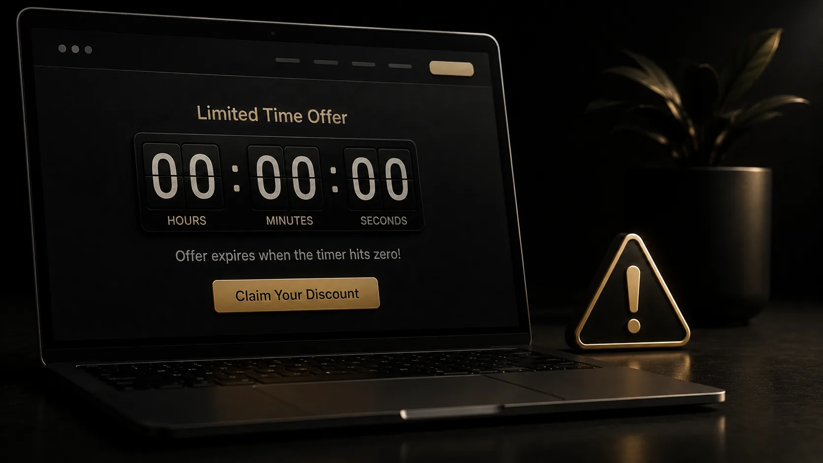 A countdown timer on a webpage frozen at zero, with a small warning triangle beside it