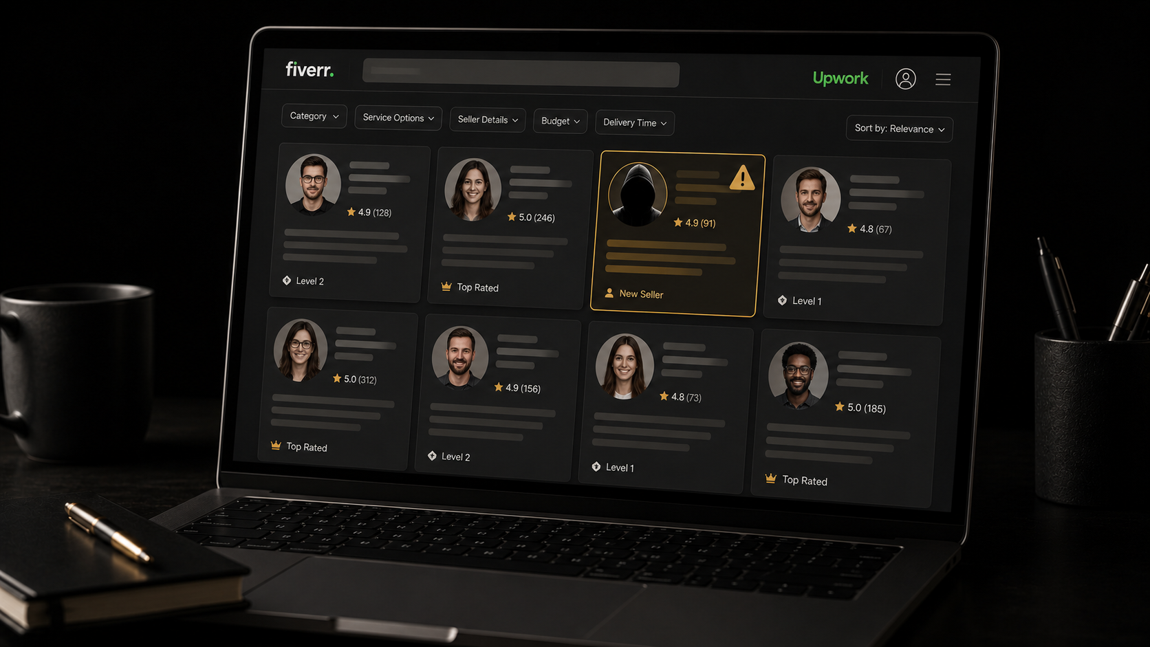 A laptop screen showing a freelance marketplace profile grid, with one profile highlighted in a caution color