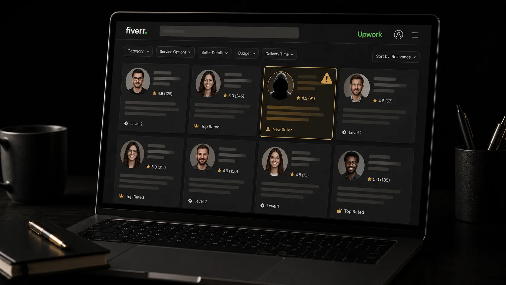 A laptop screen showing a freelance marketplace profile grid