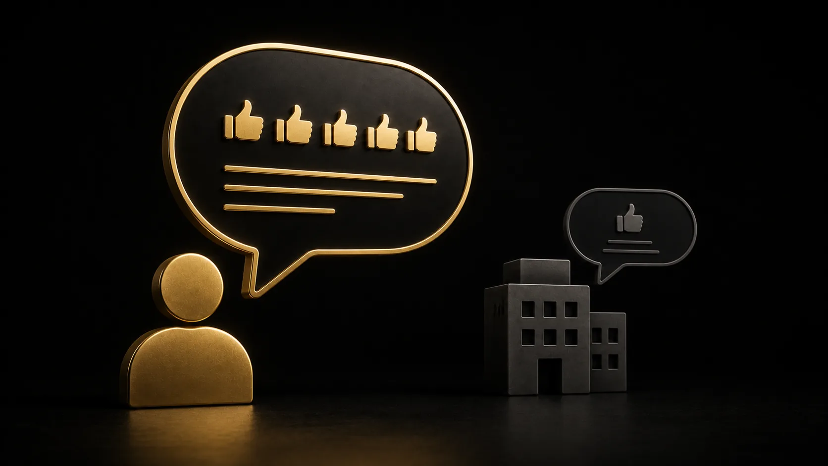 A single person icon with a large speech bubble, next to a company logo icon with a much smaller one