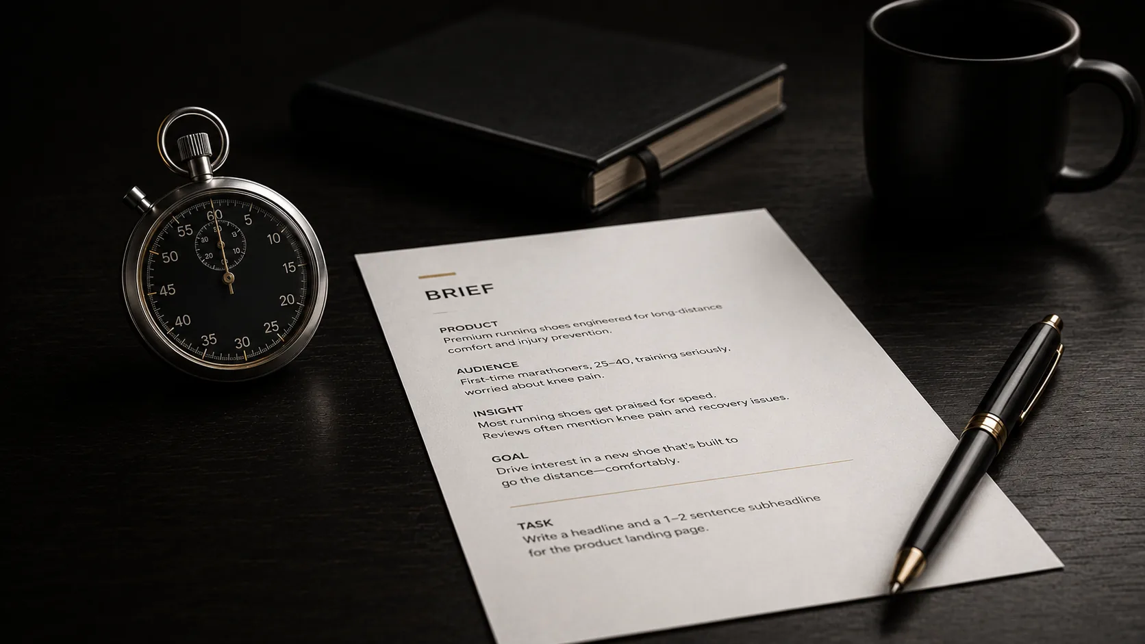 A small stopwatch beside a single sheet of paper with a short writing brief