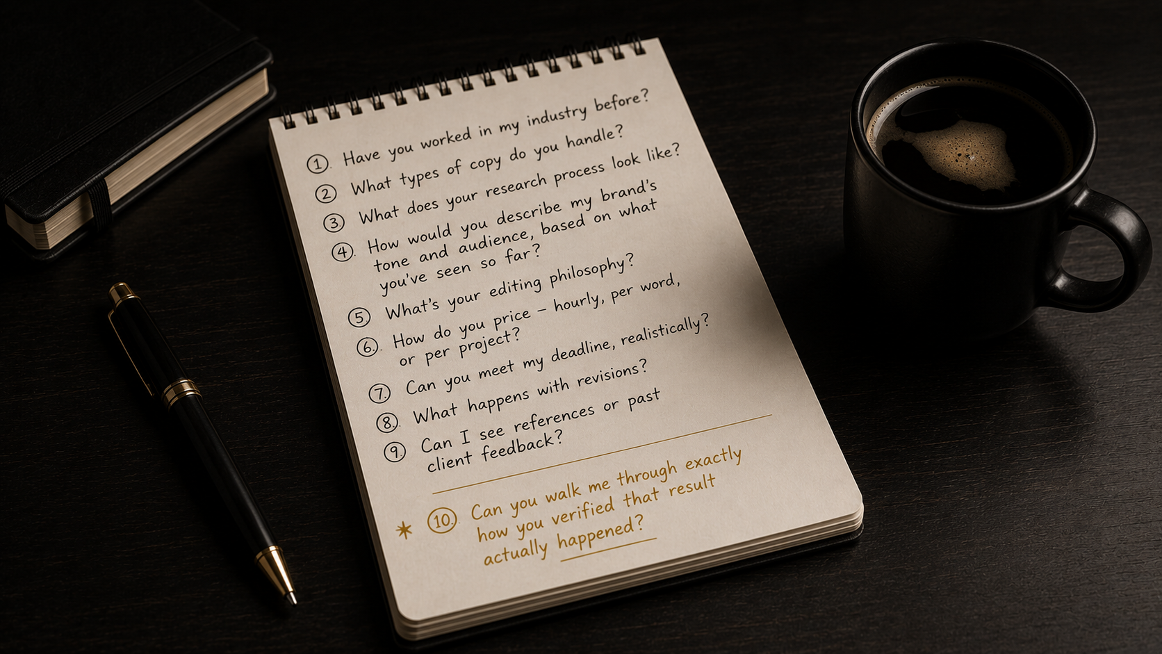 A notepad with a numbered list of interview questions next to a cup of coffee on a desk
