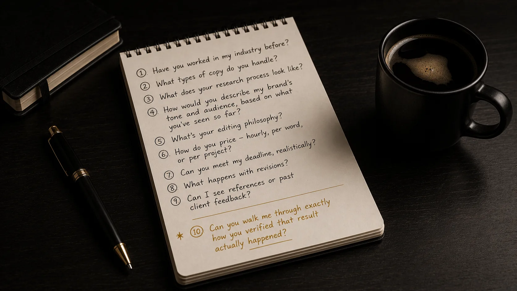A notepad with a numbered list of interview questions next to a cup of coffee