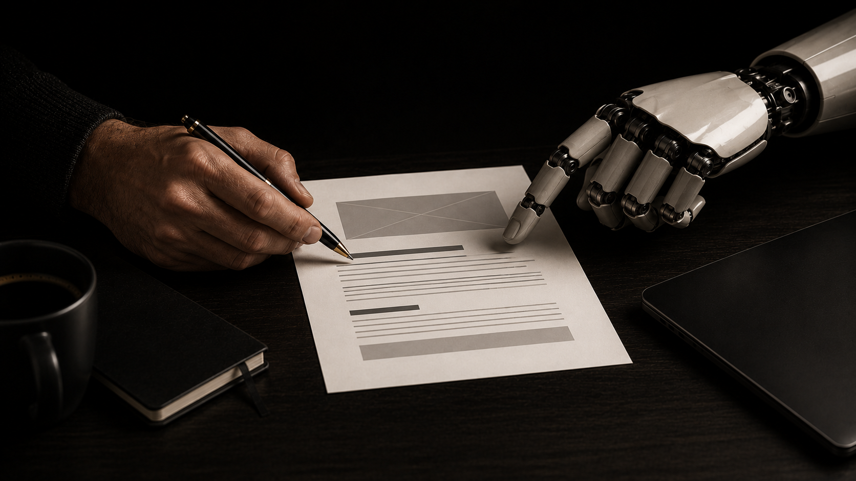 A person's hand next to a robotic hand both reaching toward a shared document, representing the human-AI copywriting split