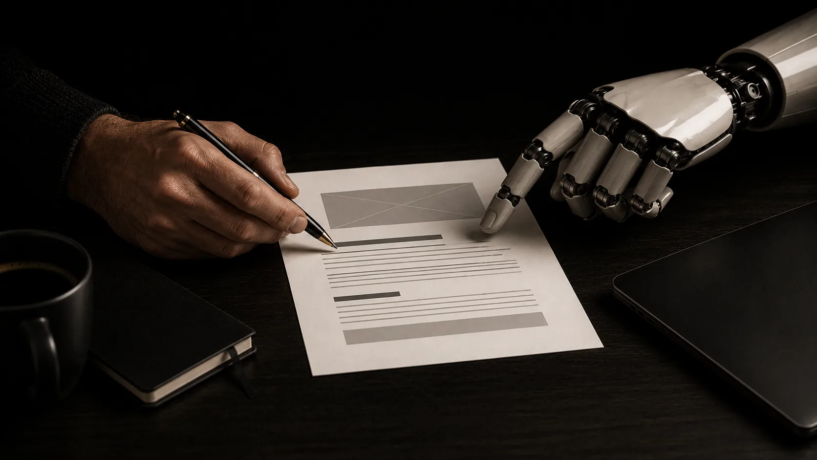 A person's hand and a robotic hand both reaching toward a shared document