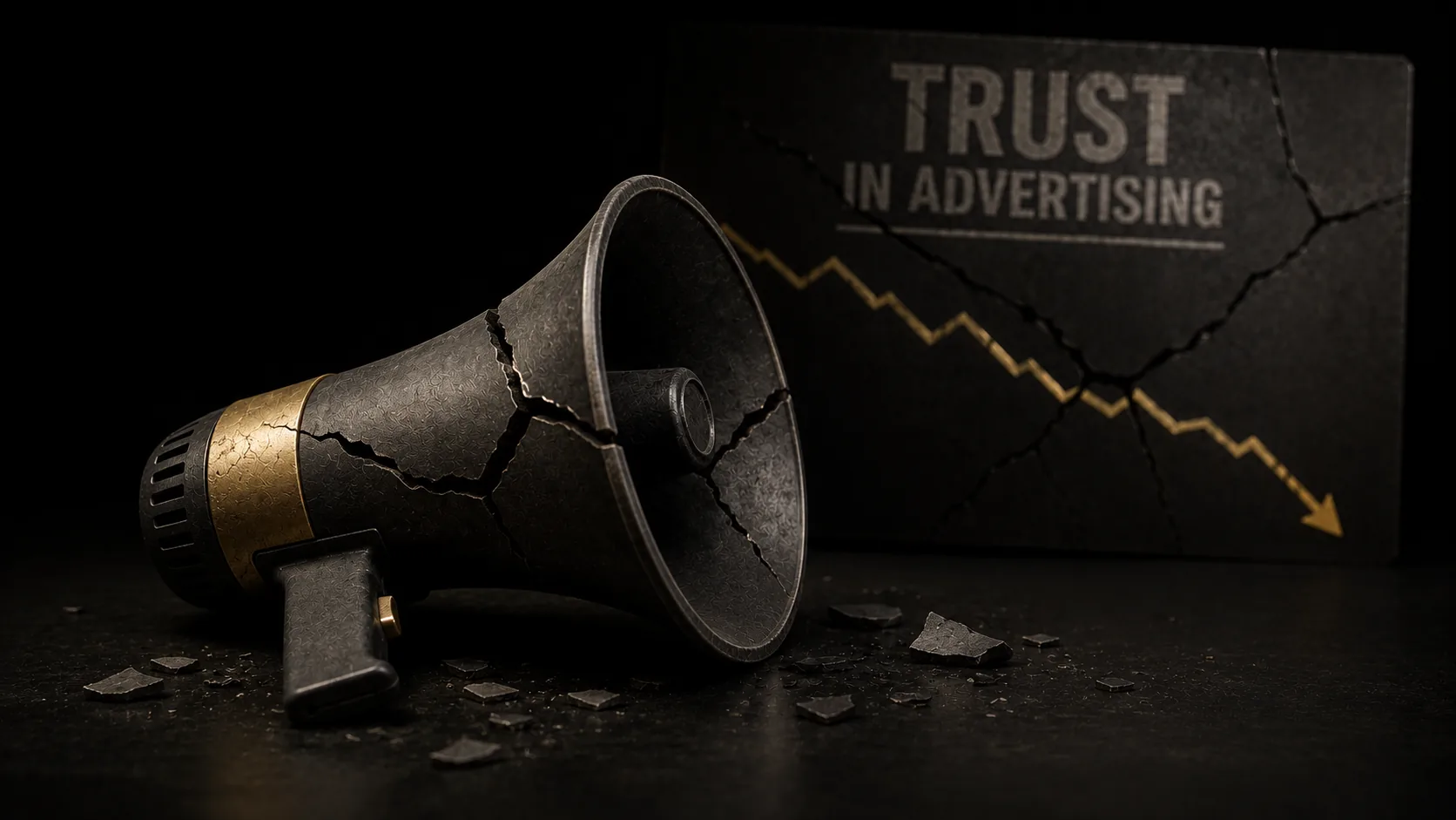 A megaphone with cracks running through it, representing eroding trust in traditional advertising