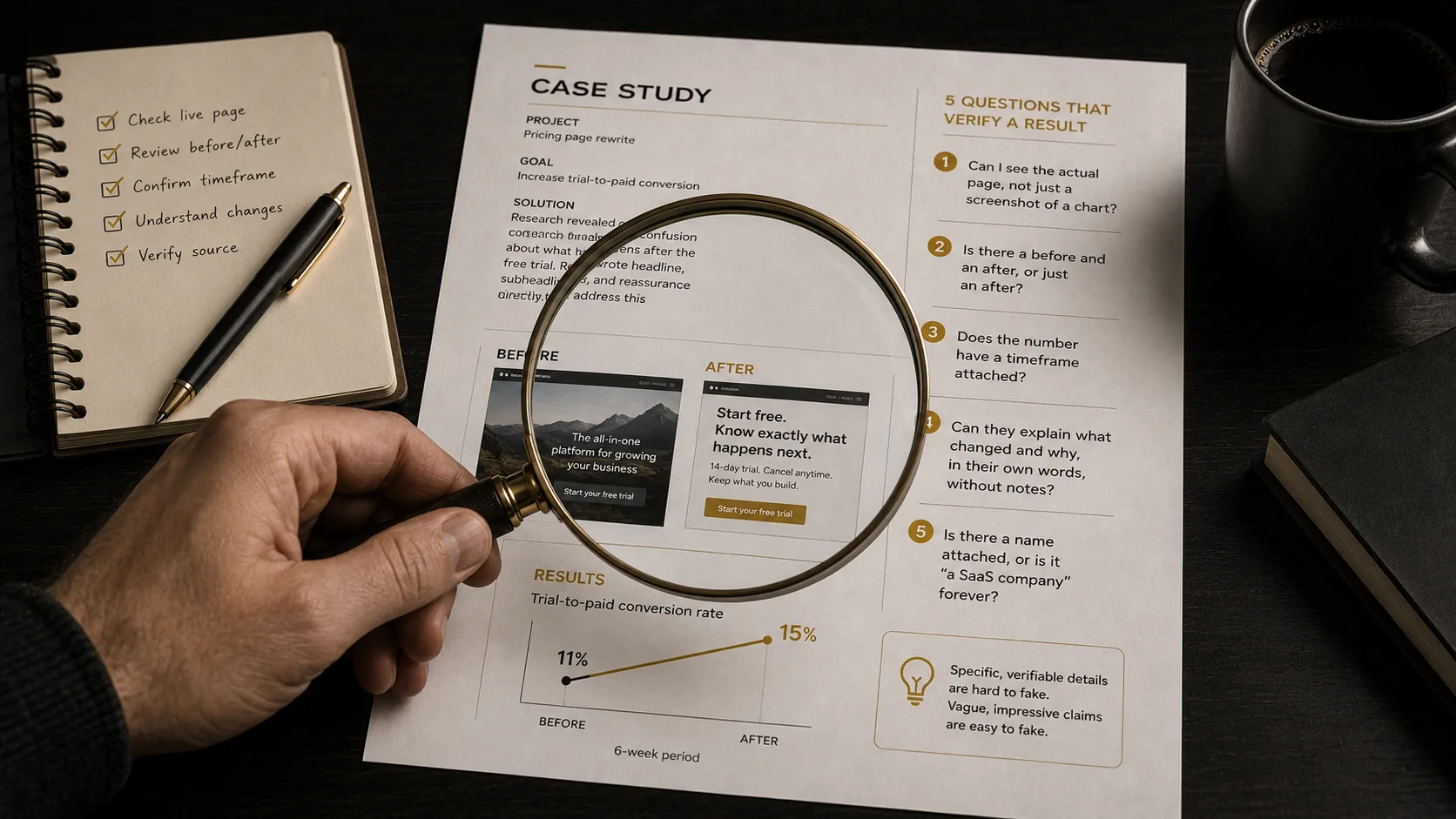 A magnifying glass over a page of marketing copy and a results chart