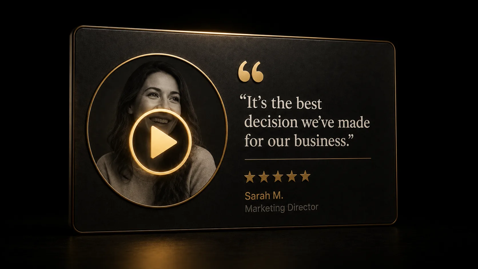 A play button icon overlaid on a customer testimonial quote card